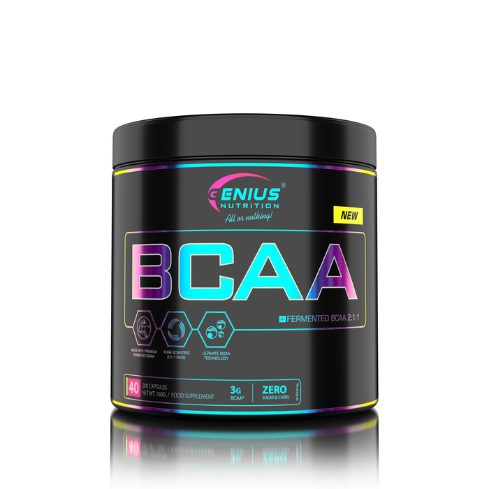 BCAA 200caps 40 serv Genius Nutrition - Vegan supplement based on BCAA 2:1:1 amino acids, obtained through natural fermentation, which supports muscle recovery and growth.