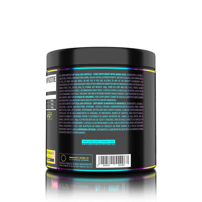 BCAA 200caps 40 serv Genius Nutrition - Vegan supplement based on BCAA 2:1:1 amino acids, obtained through natural fermentation, which supports muscle recovery and growth.