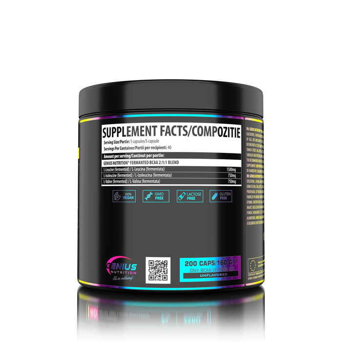 BCAA 200caps 40 serv Genius Nutrition - Vegan supplement based on BCAA 2:1:1 amino acids, obtained through natural fermentation, which supports muscle recovery and growth.