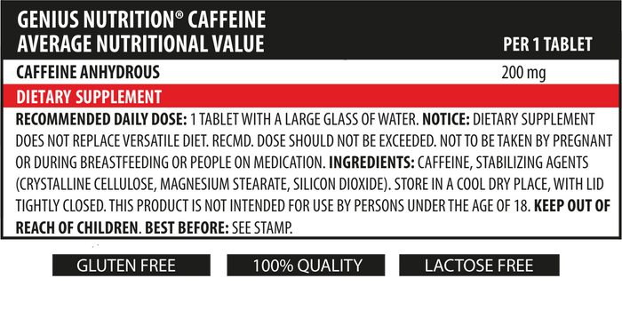 CAFFEINE 90tabs 200mg 90serv Genius Nutrition – Rapid acting caffeine supplement for energy and focus.