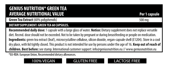 GREEN TEA 60caps 60serv Genius Nutrition – Supplement with green tea extract rich in polyphenols, for cardiovascular and brain health support.
