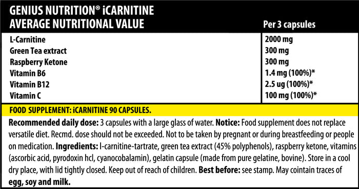 iCARNITINE 90caps 30serv Genius Nutrition - Fat burning supplement that supports blood sugar maintenance and energy boost with l-carnitine and raspberry ketone.
