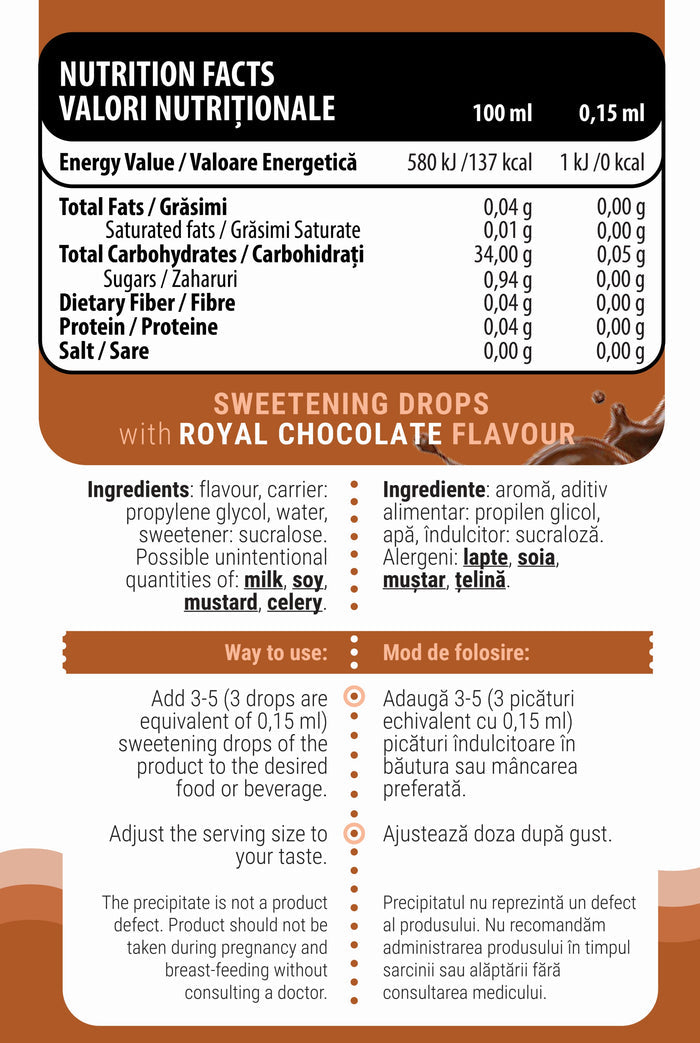 iDROPS 30ml Genius Nutrition Royal Chocolate - Zero calorie sweetener, stable at high temperatures, ideal for cooking and baking, that does not affect blood sugar levels, suitable for individuals with insulin sensitivity.