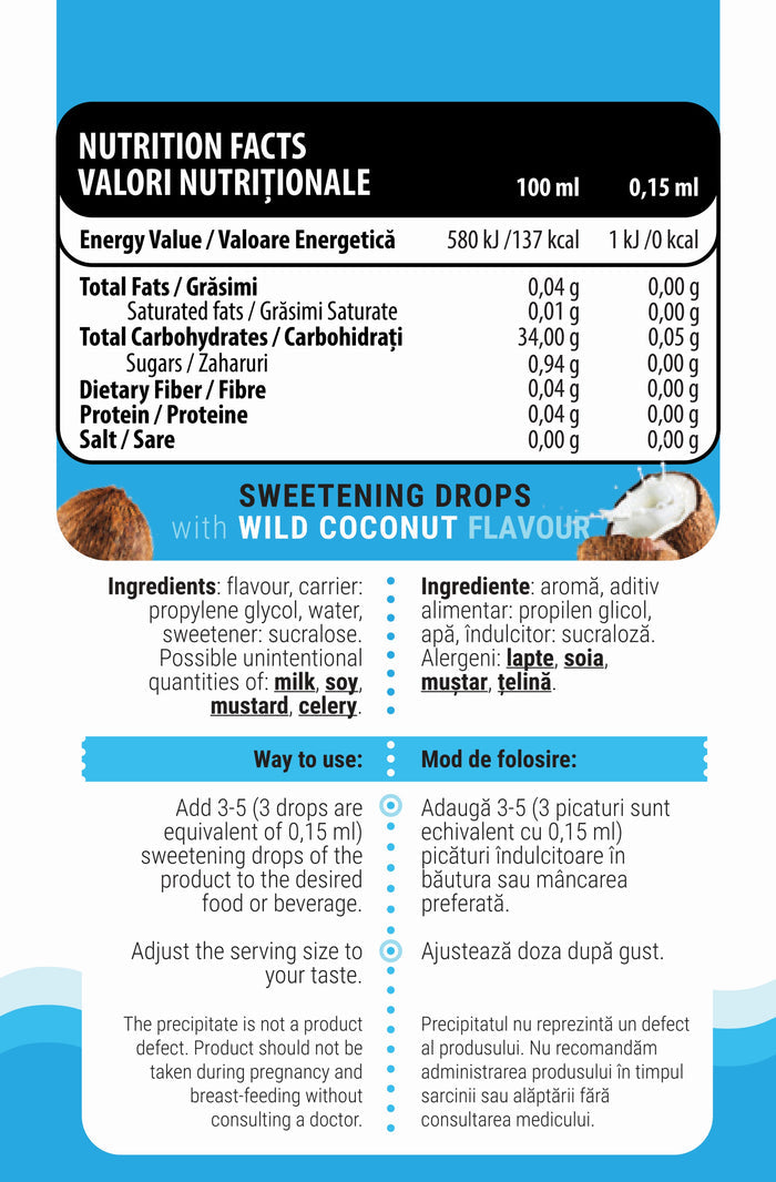 iDROPS 30ml Genius Nutrition Wild Coconut - Zero calorie sweetener, stable at high temperatures, ideal for cooking and baking, that does not affect blood sugar levels, suitable for individuals with insulin sensitivity.