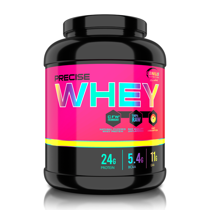 PRECISE WHEY 2000g 66serv Genius Nutrition - High-quality CFW® whey protein concentrate supplement, rich in naturally occurring BCAAs. Pure formula with no added flavorings or sweeteners.