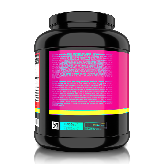 PRECISE WHEY 2000g 66serv Genius Nutrition - High-quality CFW® whey protein concentrate supplement, rich in naturally occurring BCAAs. Pure formula with no added flavorings or sweeteners.